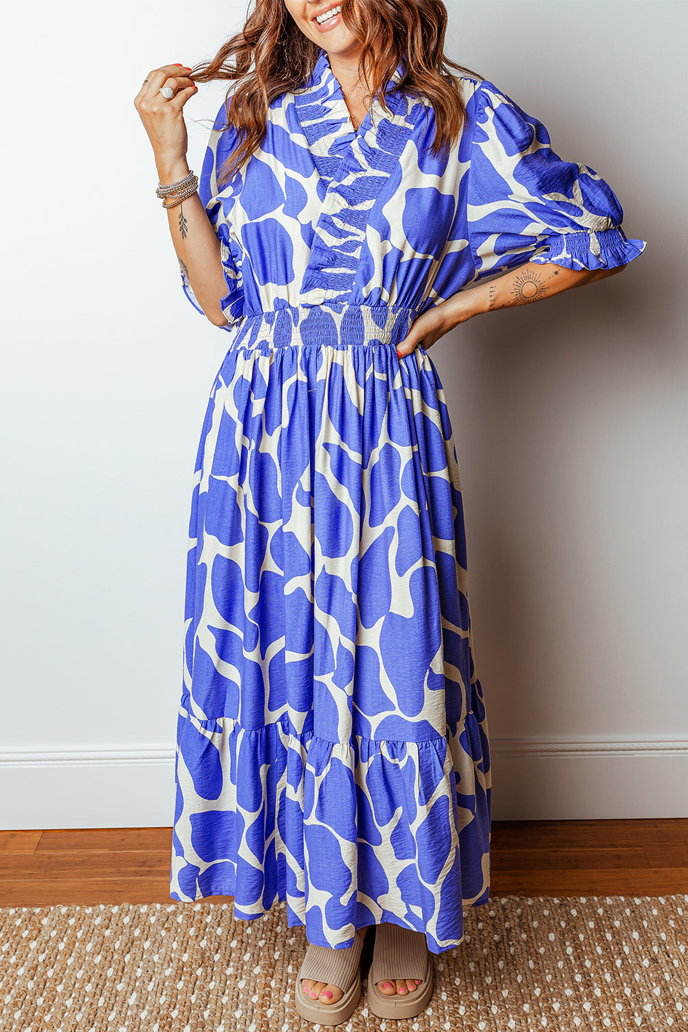 Sky Blue Abstract Print Smocked Waist Puff Half Sleeve Maxi Dress-TOPS / DRESSES-[Adult]-[Female]-2022 Online Blue Zone Planet
