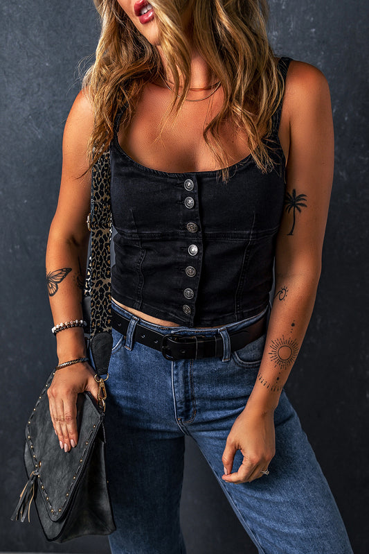 Black Acid Wash Buttoned Cropped Slim Denim Tank Top-Tops/Tank Tops-[Adult]-[Female]-Black-S-2022 Online Blue Zone Planet