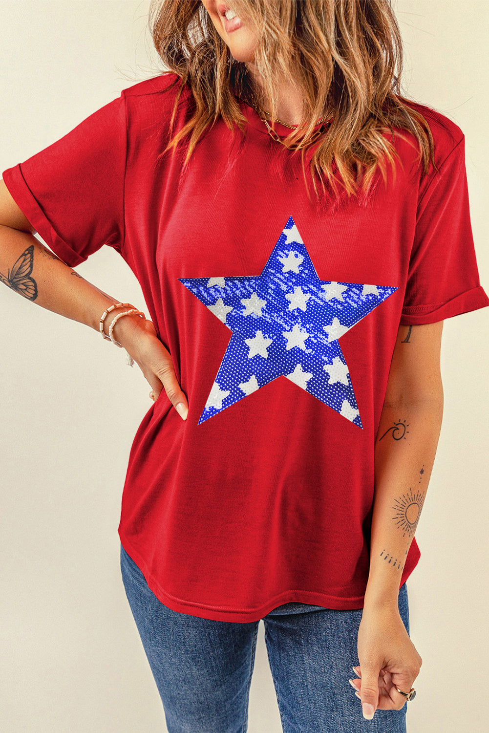 Red Sequin Star Graphic Crewneck T Shirt-Graphic/Graphic Tees-[Adult]-[Female]-2022 Online Blue Zone Planet