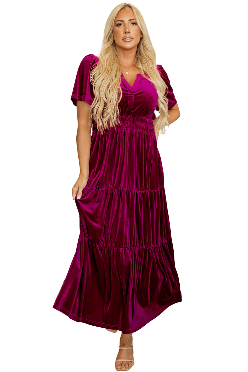 Blue Zone Planet | Red Dahlia Velvet Short Sleeve Shirred Waist Tiered Maxi Dress-TOPS / DRESSES-[Adult]-[Female]-2022 Online Blue Zone Planet