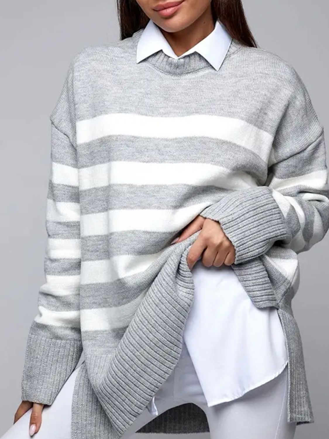 Slit Striped Round Neck Sweater-TOPS / DRESSES-[Adult]-[Female]-2022 Online Blue Zone Planet