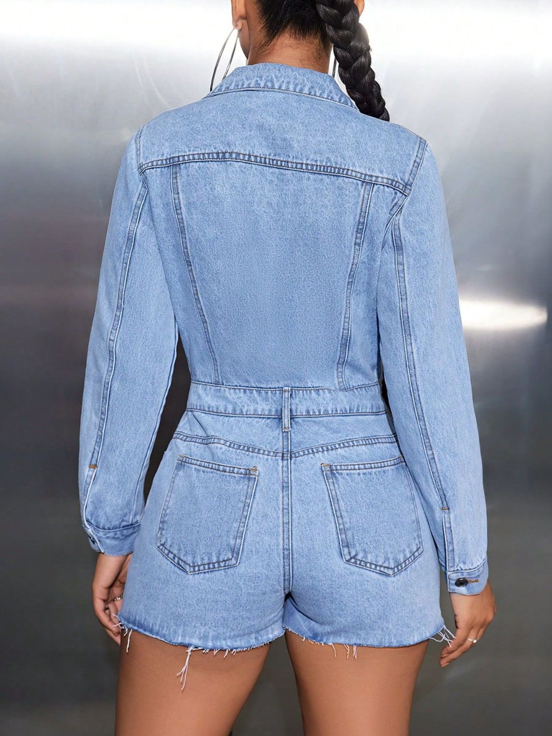 Buttoned Collared Neck Long Sleeve Denim Romper-TOPS / DRESSES-[Adult]-[Female]-2022 Online Blue Zone Planet