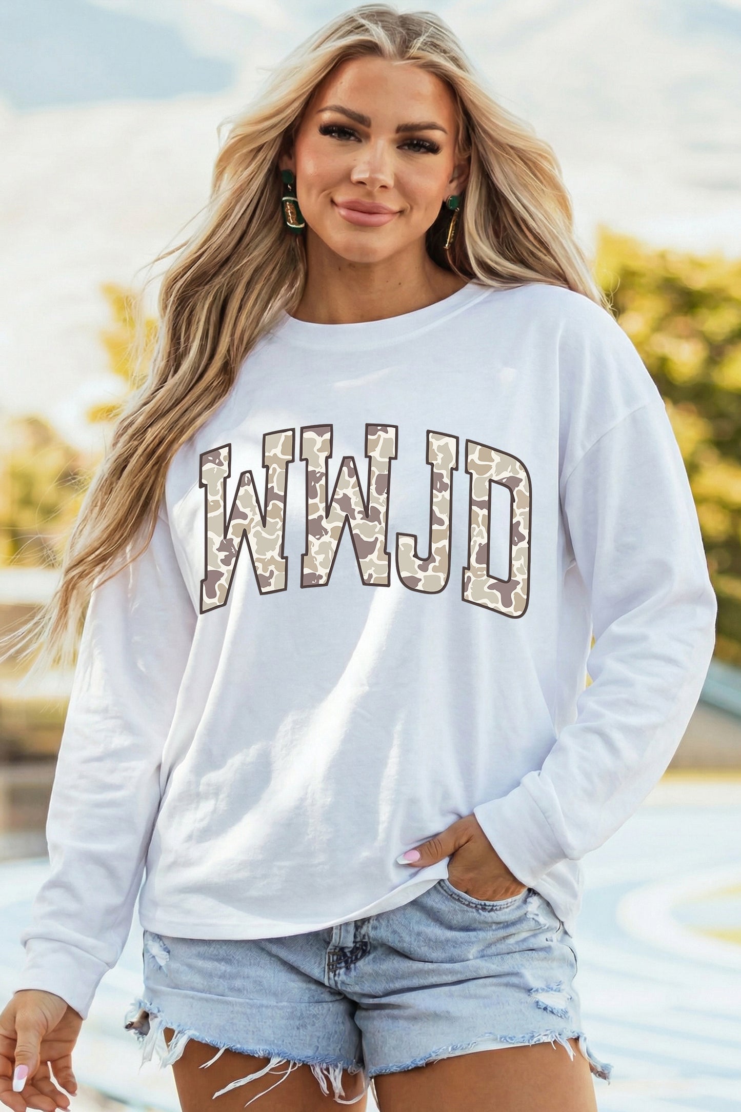 White WWJD Camo Letter Printed Long Sleeve Top-Graphic/Graphic Long Sleeve Tees-[Adult]-[Female]-2022 Online Blue Zone Planet