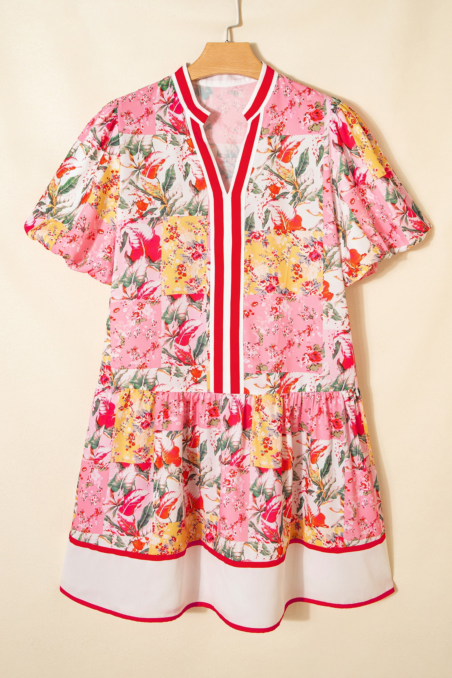 Pink Color Block Floral Print Contrast Trim V Neck Ruffle Hem Mini Dress-TOPS / DRESSES-[Adult]-[Female]-2022 Online Blue Zone Planet