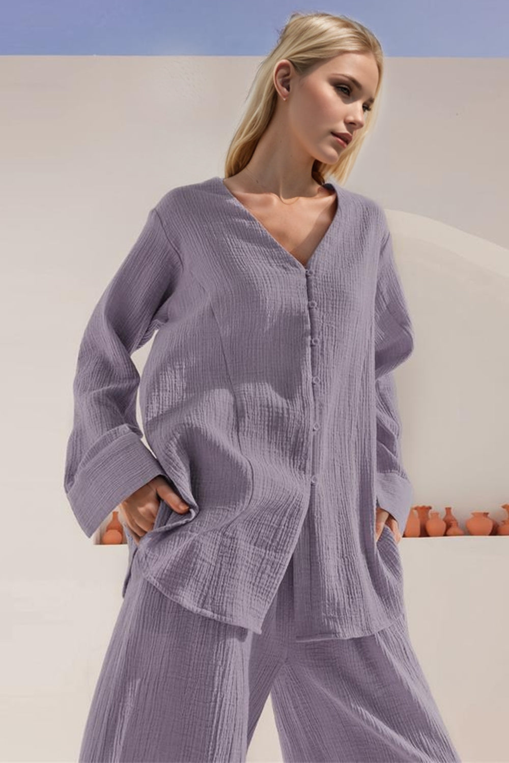 Basic Bae Buttery-Soft V-Neck Long Sleeve Top and Pants Set-TOPS / DRESSES-[Adult]-[Female]-2022 Online Blue Zone Planet