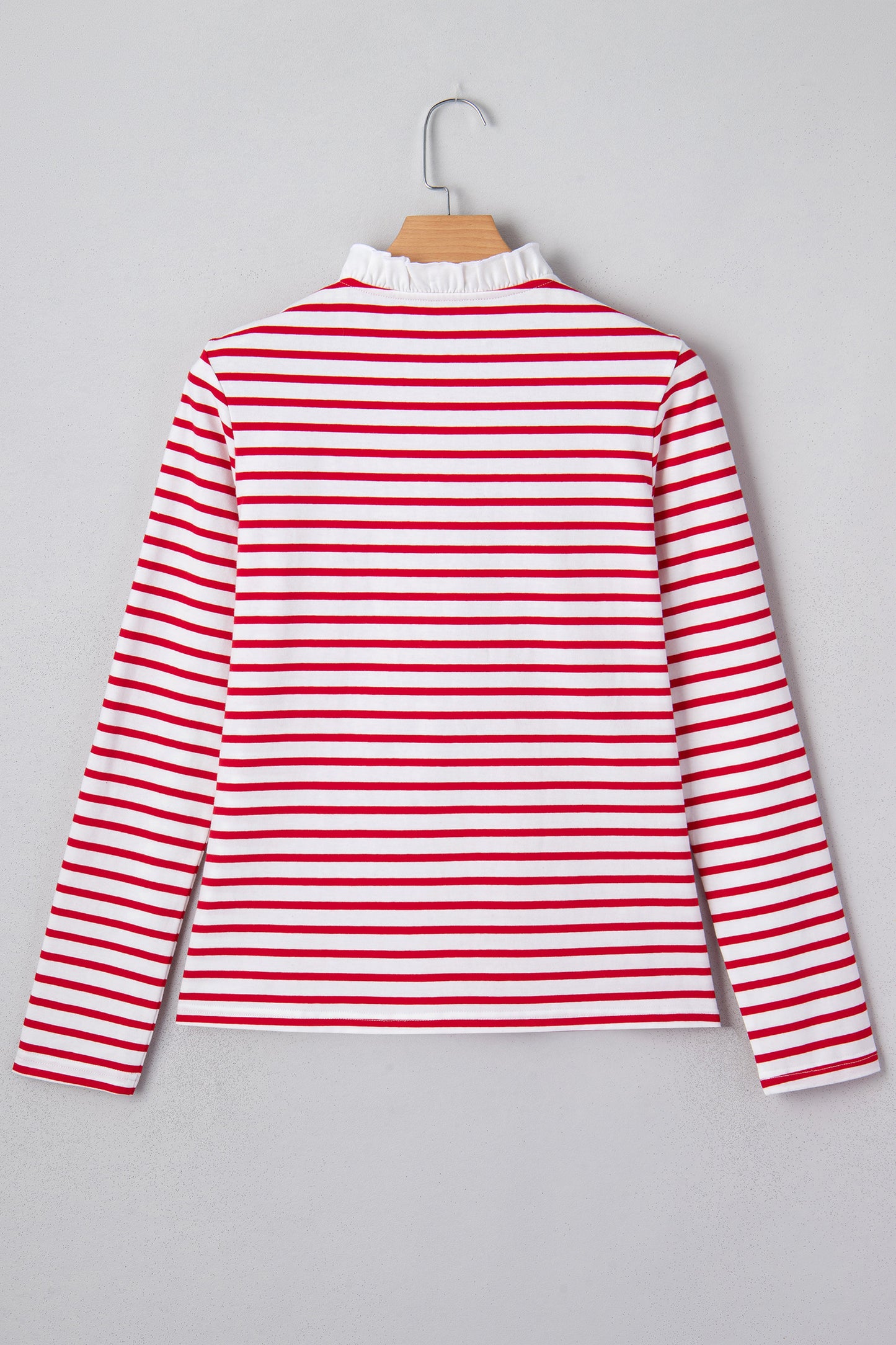 Red Stripe Contrast Frilled Trim Half Button Long Sleeve Top-Tops/Long Sleeve Tops-[Adult]-[Female]-2022 Online Blue Zone Planet
