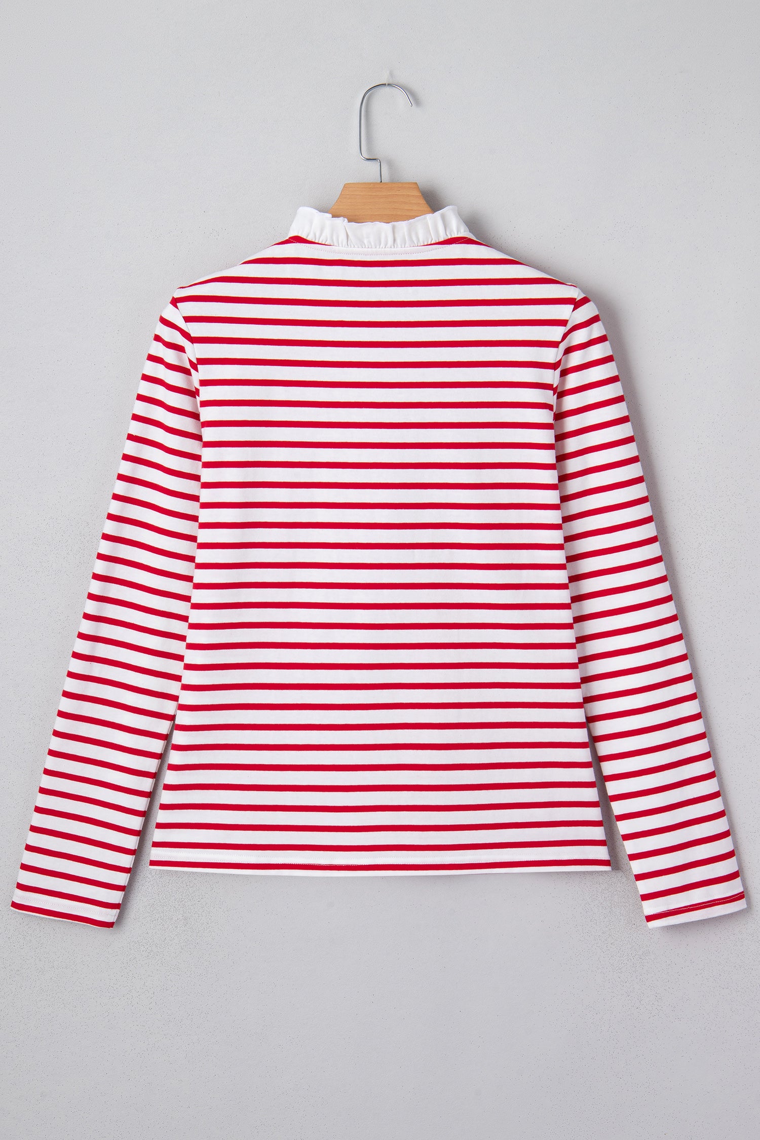 Red Stripe Contrast Frilled Trim Half Button Long Sleeve Top-Tops/Long Sleeve Tops-[Adult]-[Female]-2022 Online Blue Zone Planet