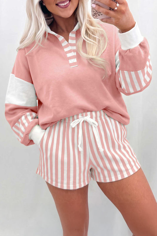 Gossamer Pink Striped Color Block Pullover Top Drawstring Shorts Set-Two Piece Sets/Short Sets-[Adult]-[Female]-Gossamer Pink-S-2022 Online Blue Zone Planet