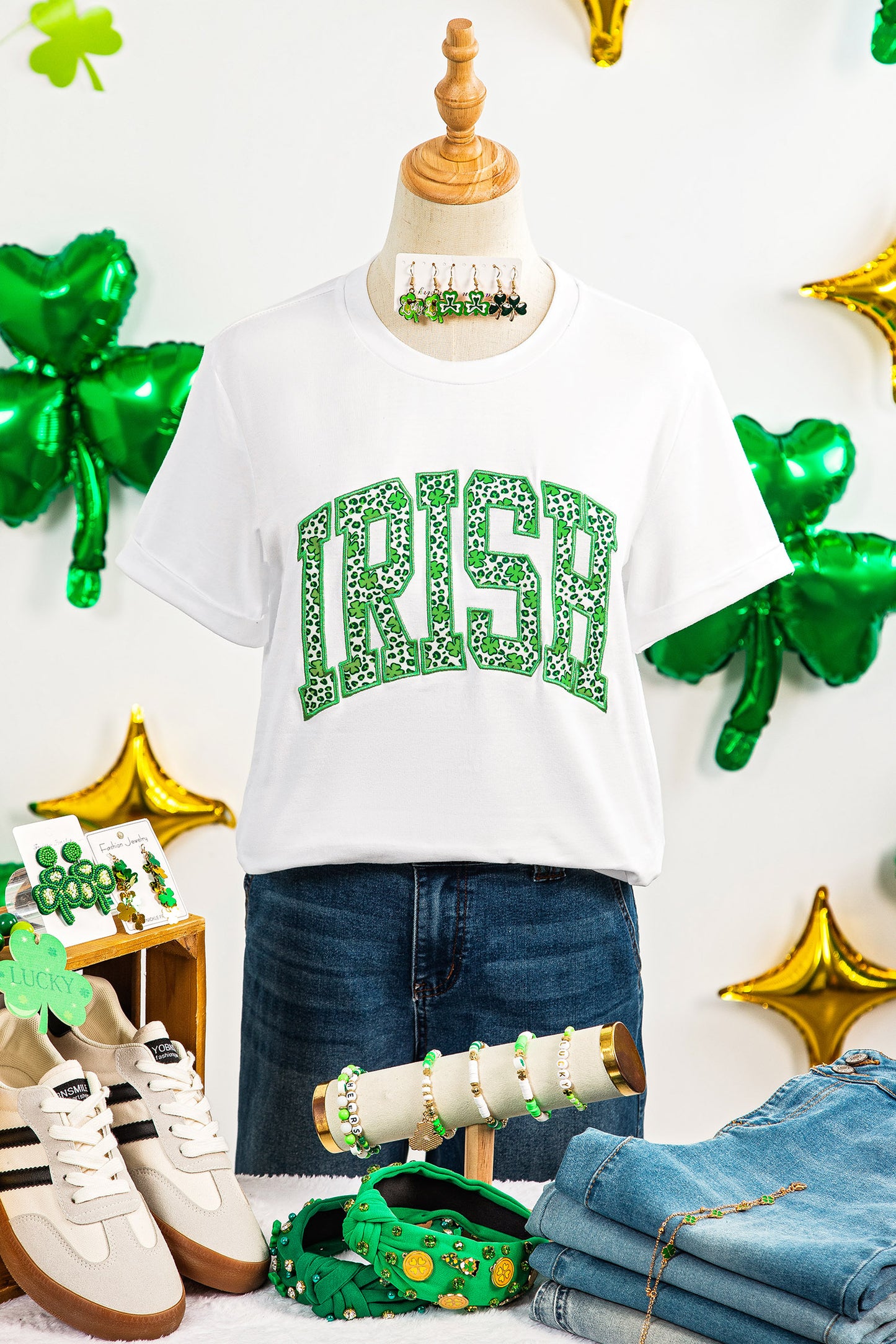 White Irish Leopard Clover Embroidered Patch Graphic Tee-Graphic Tees-[Adult]-[Female]-2022 Online Blue Zone Planet