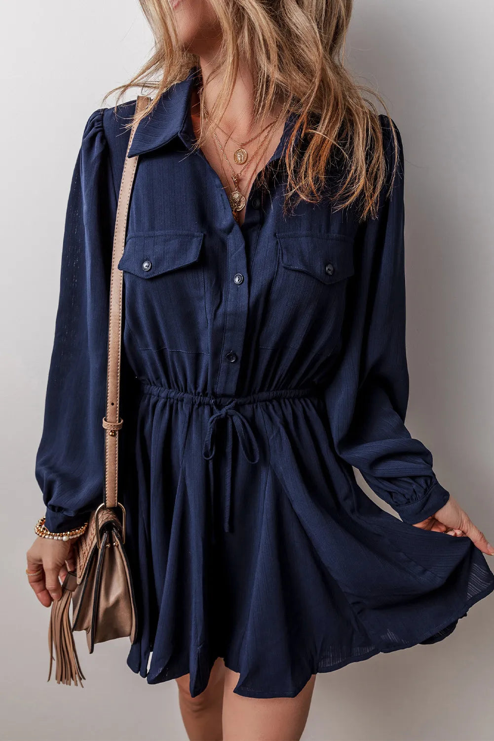 Blue Zone Planet | Drawstring Half Button Long Sleeve Dress-TOPS / DRESSES-[Adult]-[Female]-2022 Online Blue Zone Planet