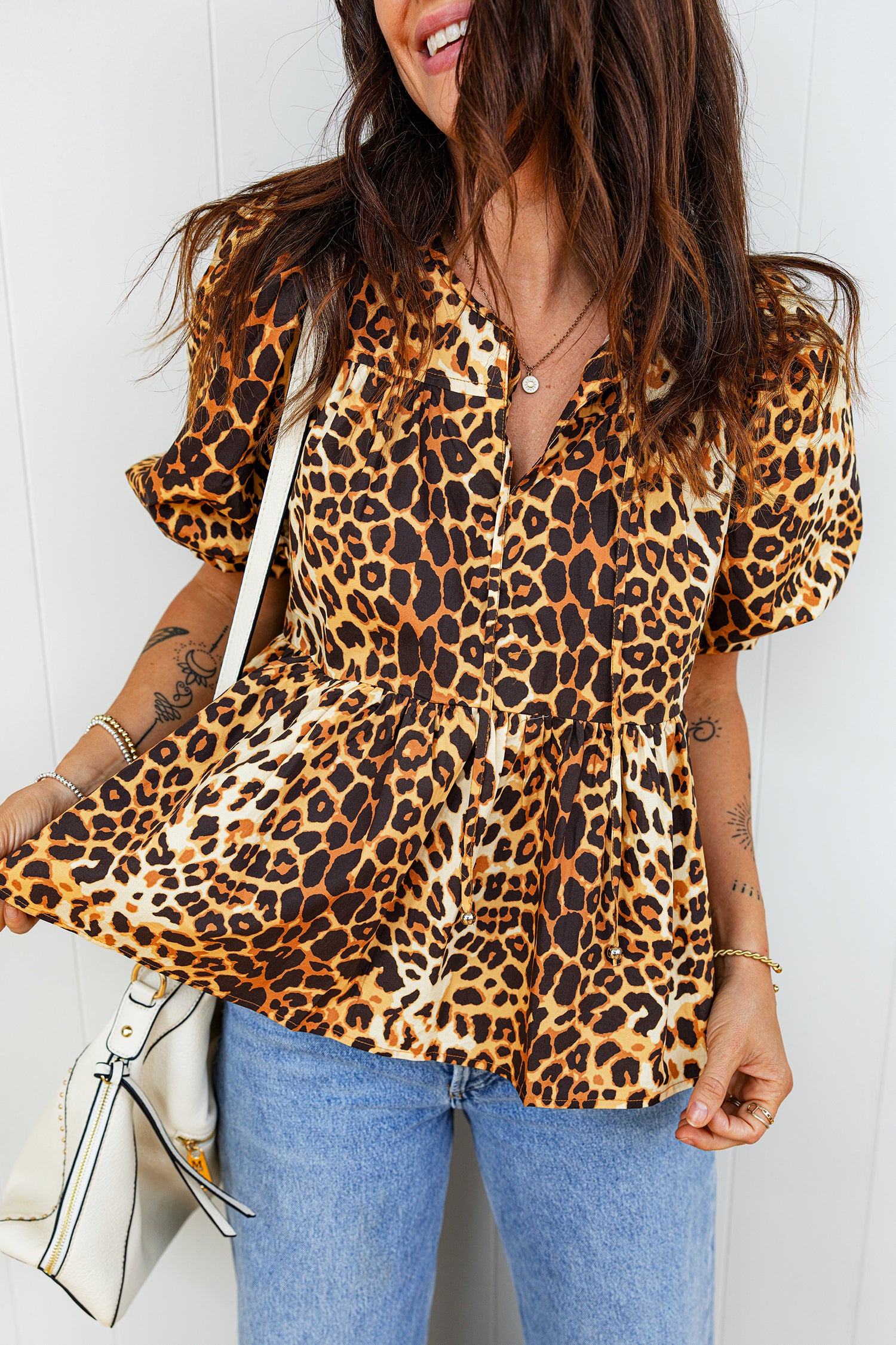Leopard Print Short Puff Sleeve Slit Neck Babydoll Blouse-Tops/Blouses & Shirts-[Adult]-[Female]-2022 Online Blue Zone Planet