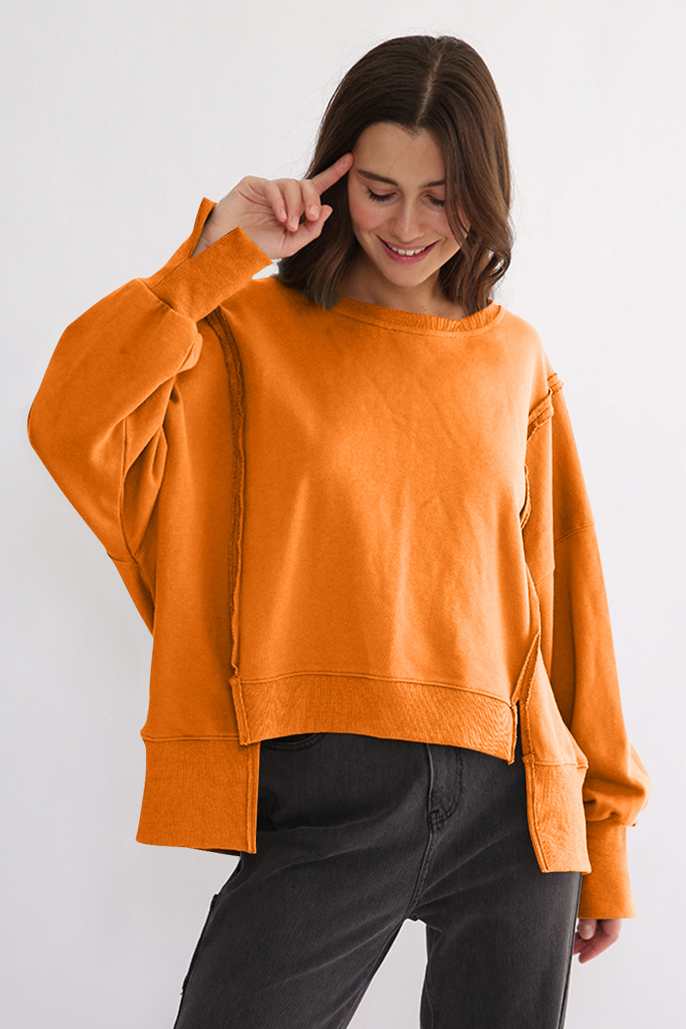 Exposed Seam High-Low Long Sleeve Sweatshirt-TOPS / DRESSES-[Adult]-[Female]-Tangerine-One Size-2022 Online Blue Zone Planet