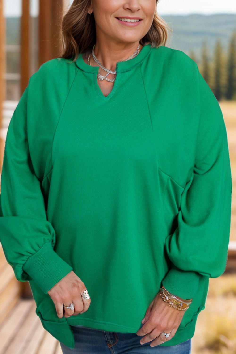 Plus Size Cutout Hem Notched Long Sleeve Sweatshirt-TOPS / DRESSES-[Adult]-[Female]-Dark Green-1XL-2022 Online Blue Zone Planet