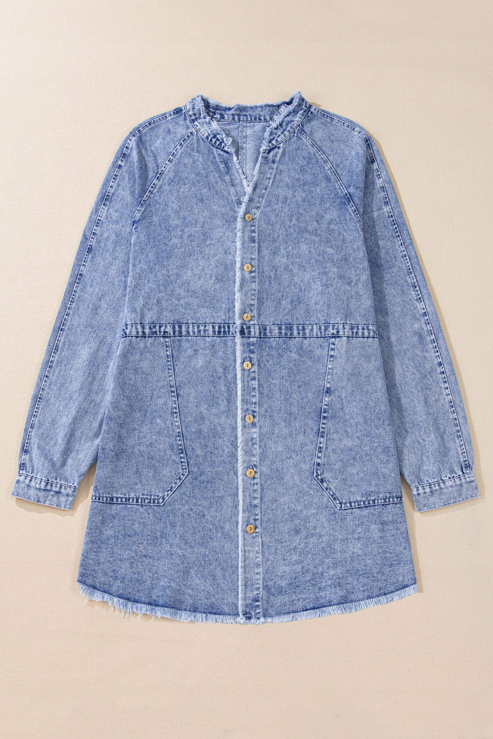 Beau Blue Mineral Wash Long Sleeve Button Up Raw Hem Pocketed Denim Dress-Dresses/Mini Dresses-[Adult]-[Female]-2022 Online Blue Zone Planet