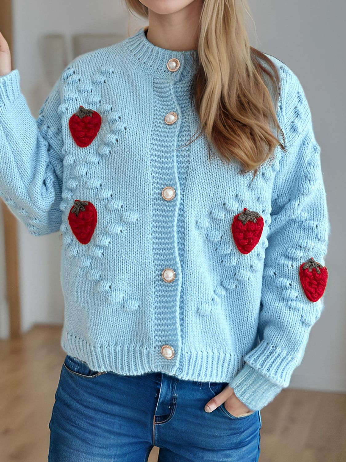 Strawberry Button Down Long Sleeve Cardigan-NEW ARRIVALS-[Adult]-[Female]-2022 Online Blue Zone Planet