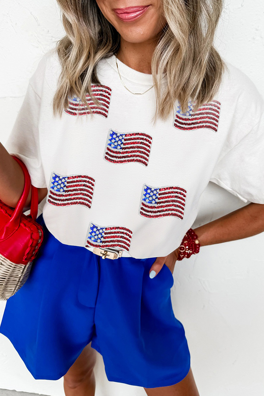 White Sequin American Flag Patched Casual T Shirt-Graphic/Graphic Tees-[Adult]-[Female]-White-S-2022 Online Blue Zone Planet