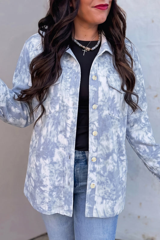 Gray Abstract Print Fuzzy Collar Long Sleeve Patch Pocket Tunic Jacket-Outerwear/Jackets-[Adult]-[Female]-Gray-S-2022 Online Blue Zone Planet