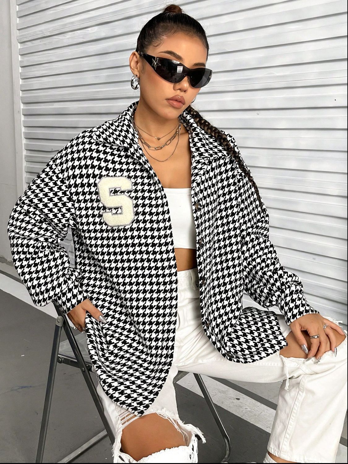 Houndstooth Button Down Long Sleeve Shacket-TOPS / DRESSES-[Adult]-[Female]-2022 Online Blue Zone Planet