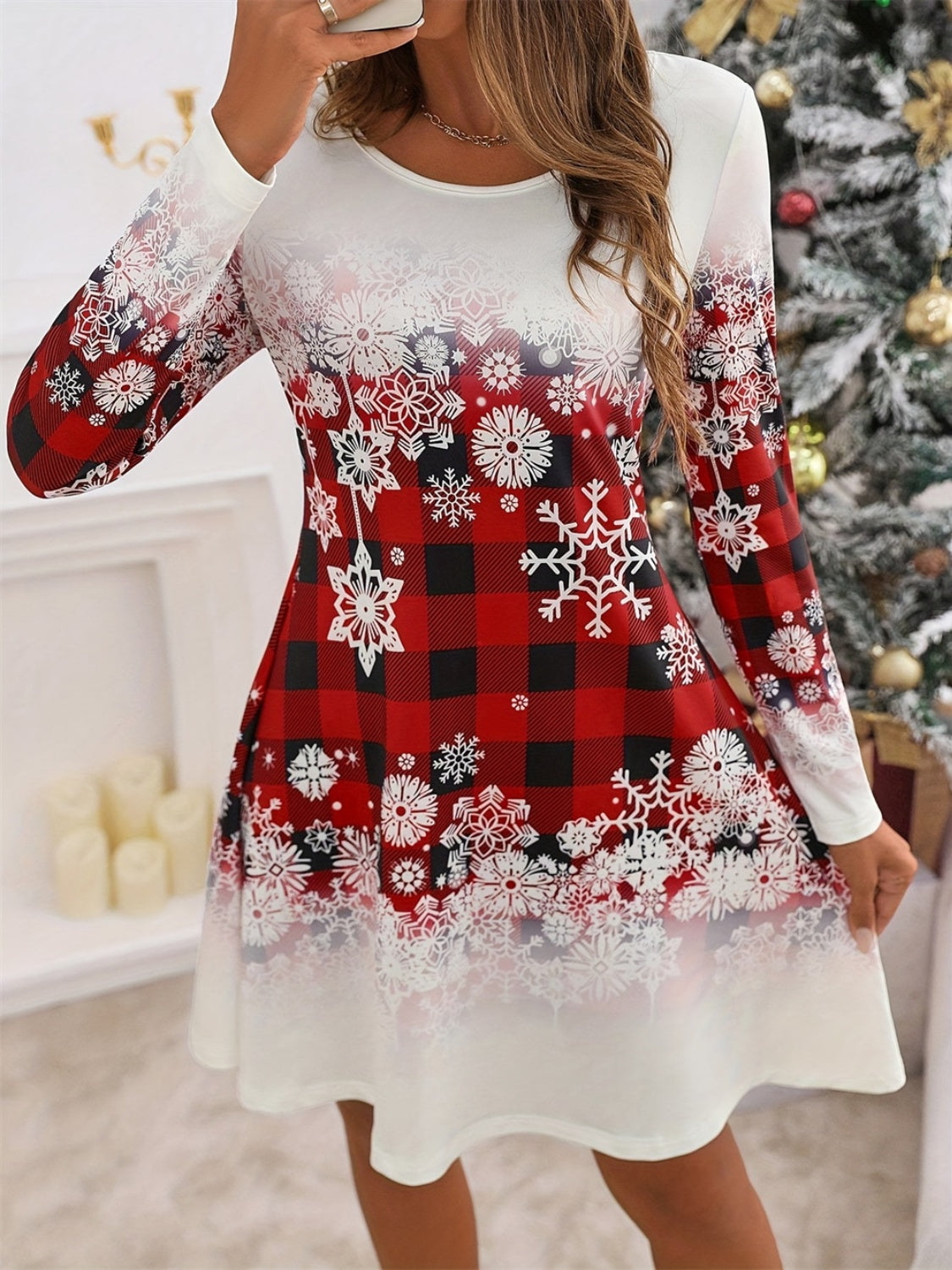 Christmas Snowflakes Plaid Round Neck Long Sleeve Dress-TOPS / DRESSES-[Adult]-[Female]-2022 Online Blue Zone Planet