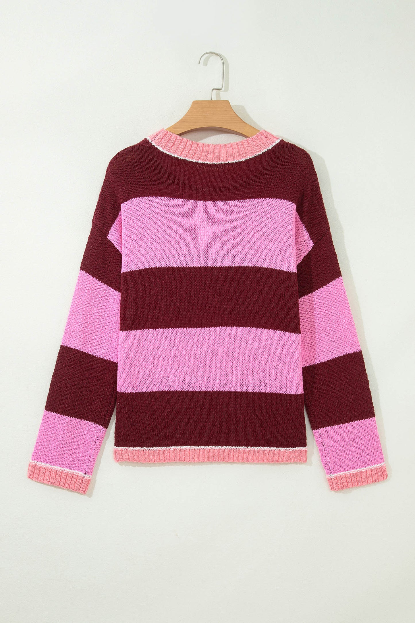 Pink Stripe Striped Drop Shoulder Long Sleeve Pullover Regular Fit Knit Sweater-Sweaters & Cardigans/Sweaters-[Adult]-[Female]-2022 Online Blue Zone Planet