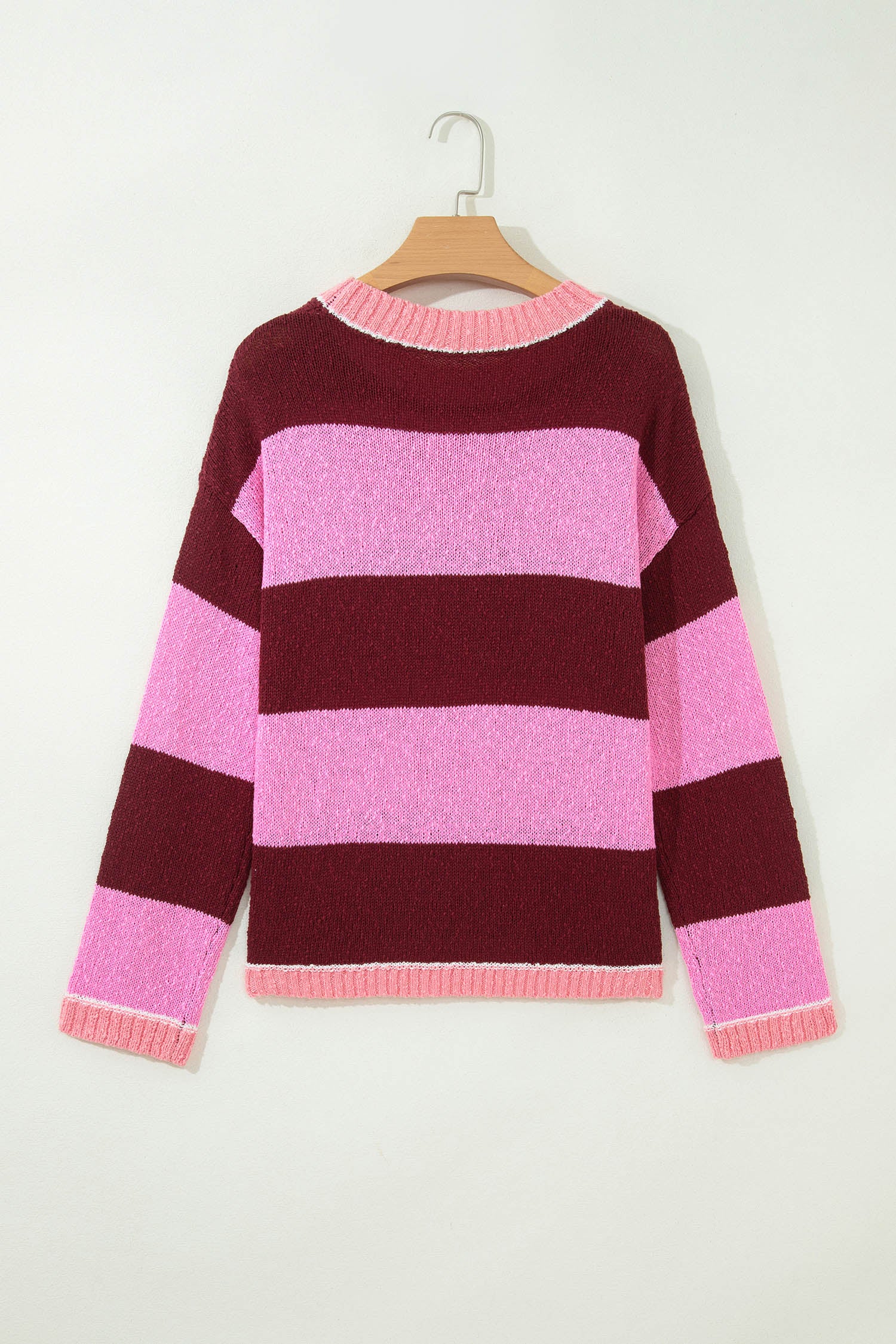 Pink Stripe Striped Drop Shoulder Long Sleeve Pullover Regular Fit Knit Sweater-Sweaters & Cardigans/Sweaters-[Adult]-[Female]-2022 Online Blue Zone Planet