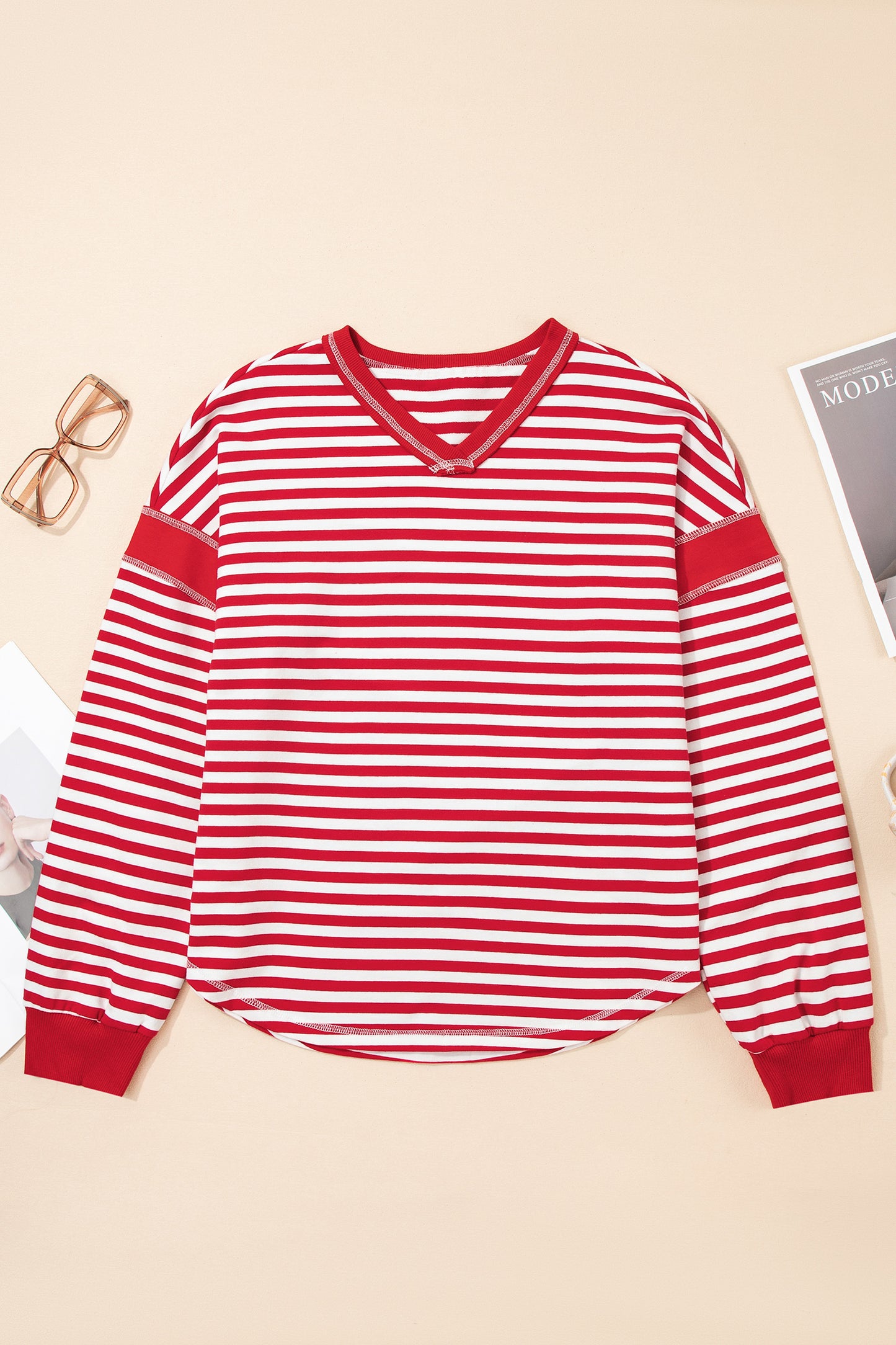 Red Stripe Exposed Seam V Neck Balloon Sleeve Pullover-Tops/Long Sleeve Tops-[Adult]-[Female]-2022 Online Blue Zone Planet