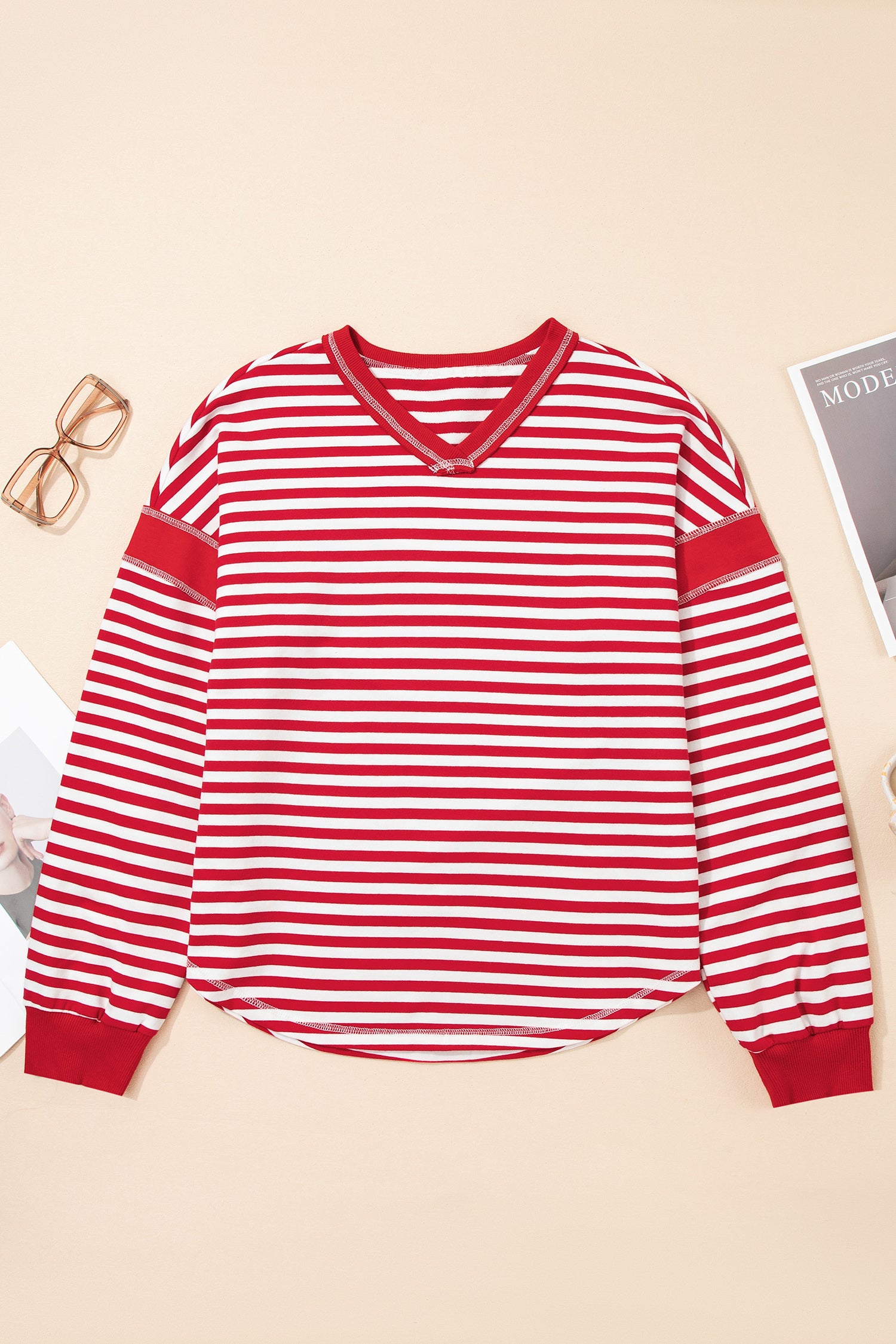 Red Stripe Exposed Seam V Neck Balloon Sleeve Pullover-Tops/Long Sleeve Tops-[Adult]-[Female]-2022 Online Blue Zone Planet