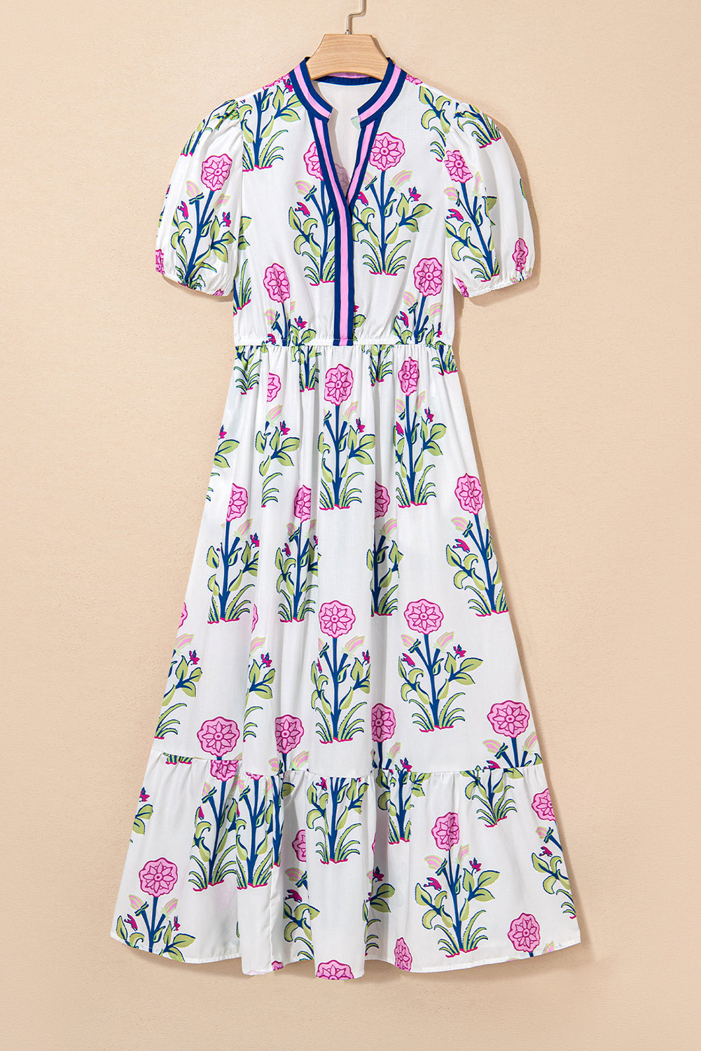 White Floral Puff Short Sleeve V Neck High Waist Maxi Dress-TOPS / DRESSES-[Adult]-[Female]-2022 Online Blue Zone Planet