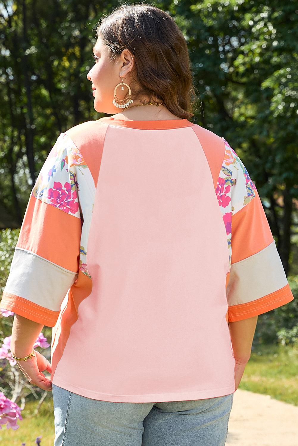 Orange Plus Size Floral Print Patchwork Raglan Half Sleeve Top-Plus Size/Plus Size Tops/Plus Size Tops & Tees-[Adult]-[Female]-2022 Online Blue Zone Planet