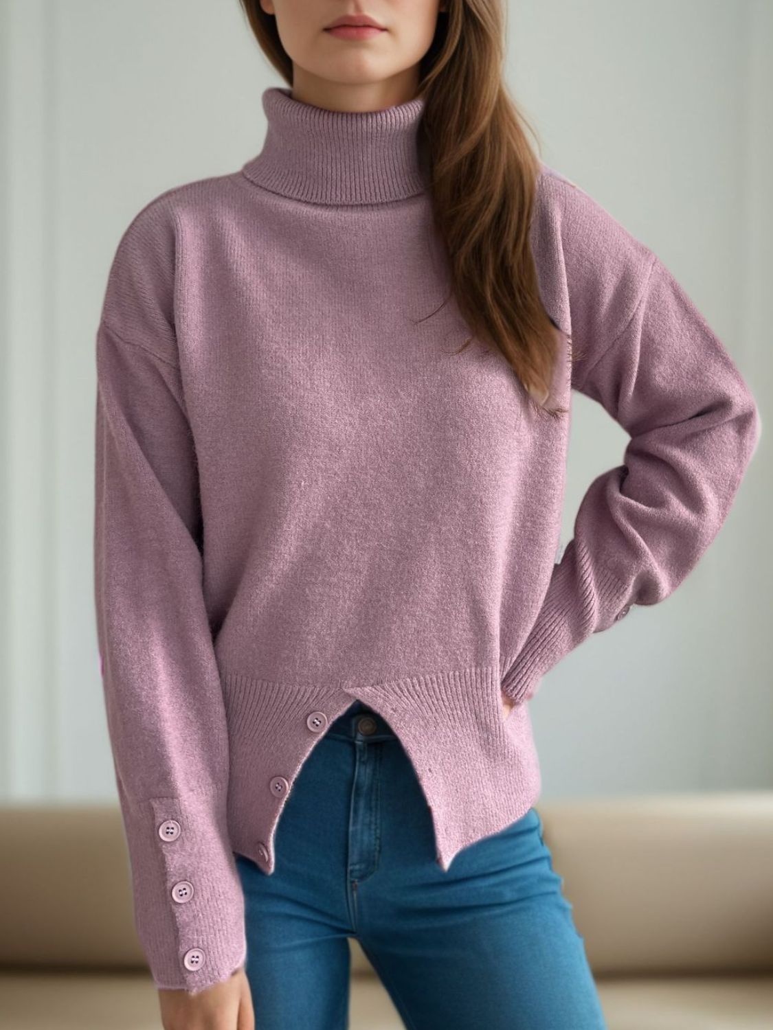 Blue Zone Planet | Front Slit Decorative Button Turtleneck Sweater-TOPS / DRESSES-[Adult]-[Female]-2022 Online Blue Zone Planet