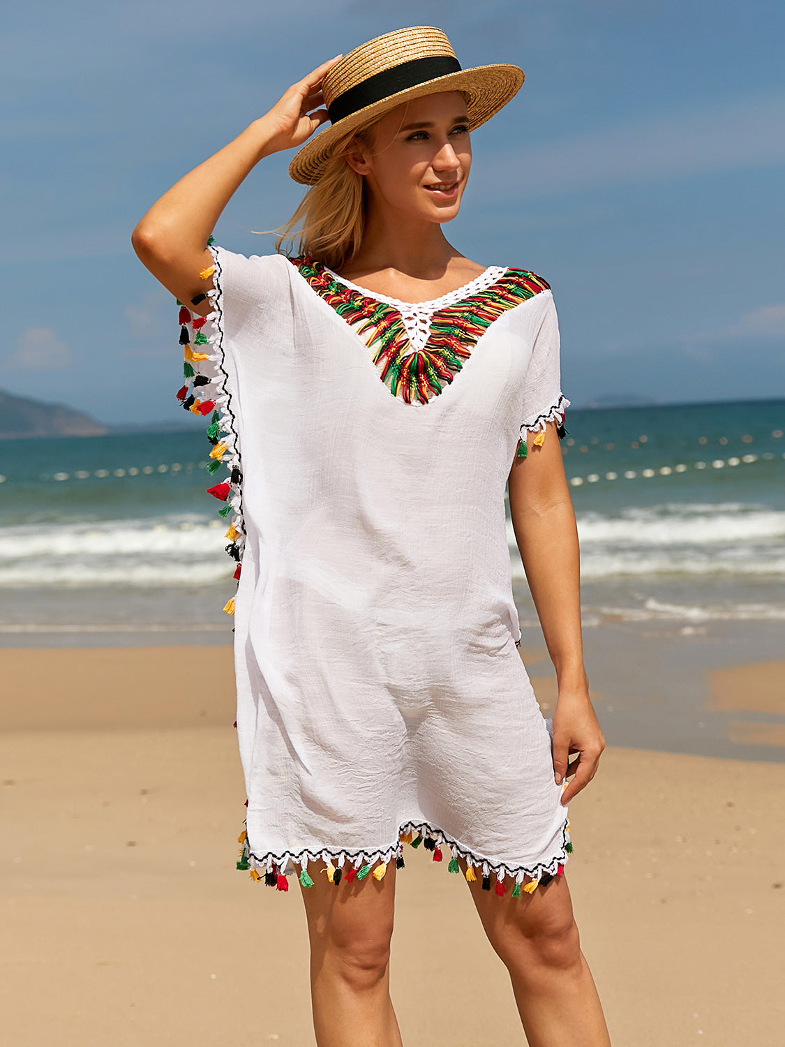 Tassel V-Neck Short Sleeve Cover Up-TOPS / DRESSES-[Adult]-[Female]-2022 Online Blue Zone Planet