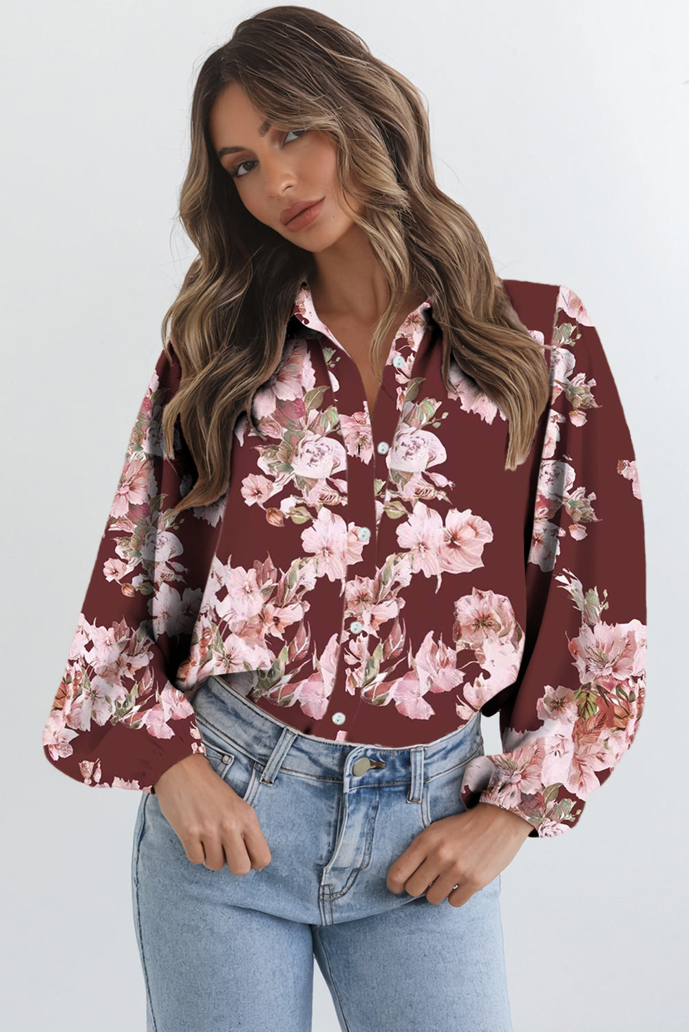 Brown Floral Puff Sleeve Lightweight Shirt-Tops/Blouses & Shirts-[Adult]-[Female]-2022 Online Blue Zone Planet