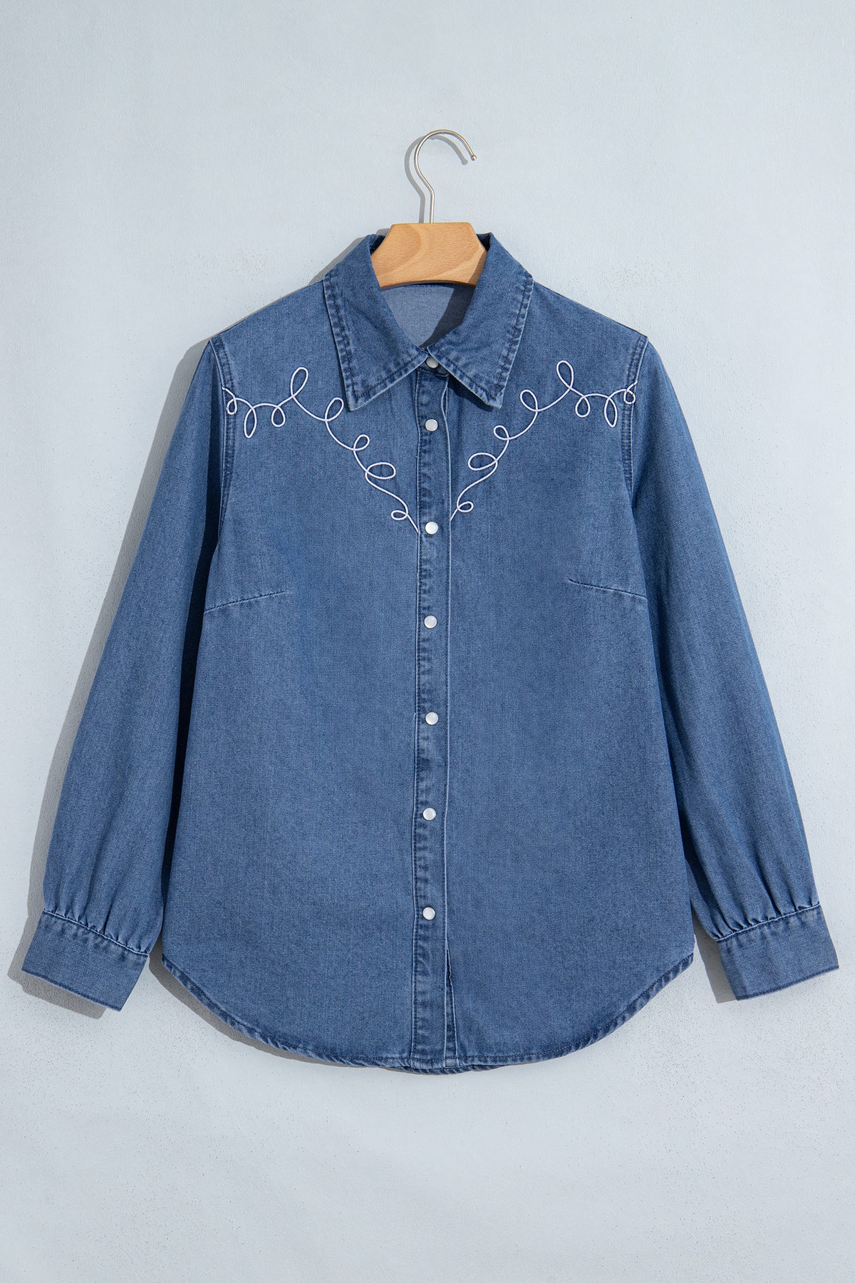 Dusk Blue Western Embroidered Collar Long Sleeve Denim Shirt-Tops/Blouses & Shirts-[Adult]-[Female]-2022 Online Blue Zone Planet