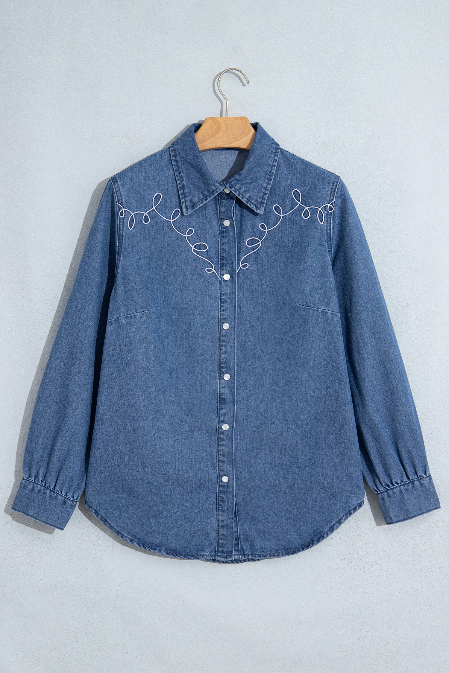 Dusk Blue Western Embroidered Collar Long Sleeve Denim Shirt-Tops/Blouses & Shirts-[Adult]-[Female]-2022 Online Blue Zone Planet