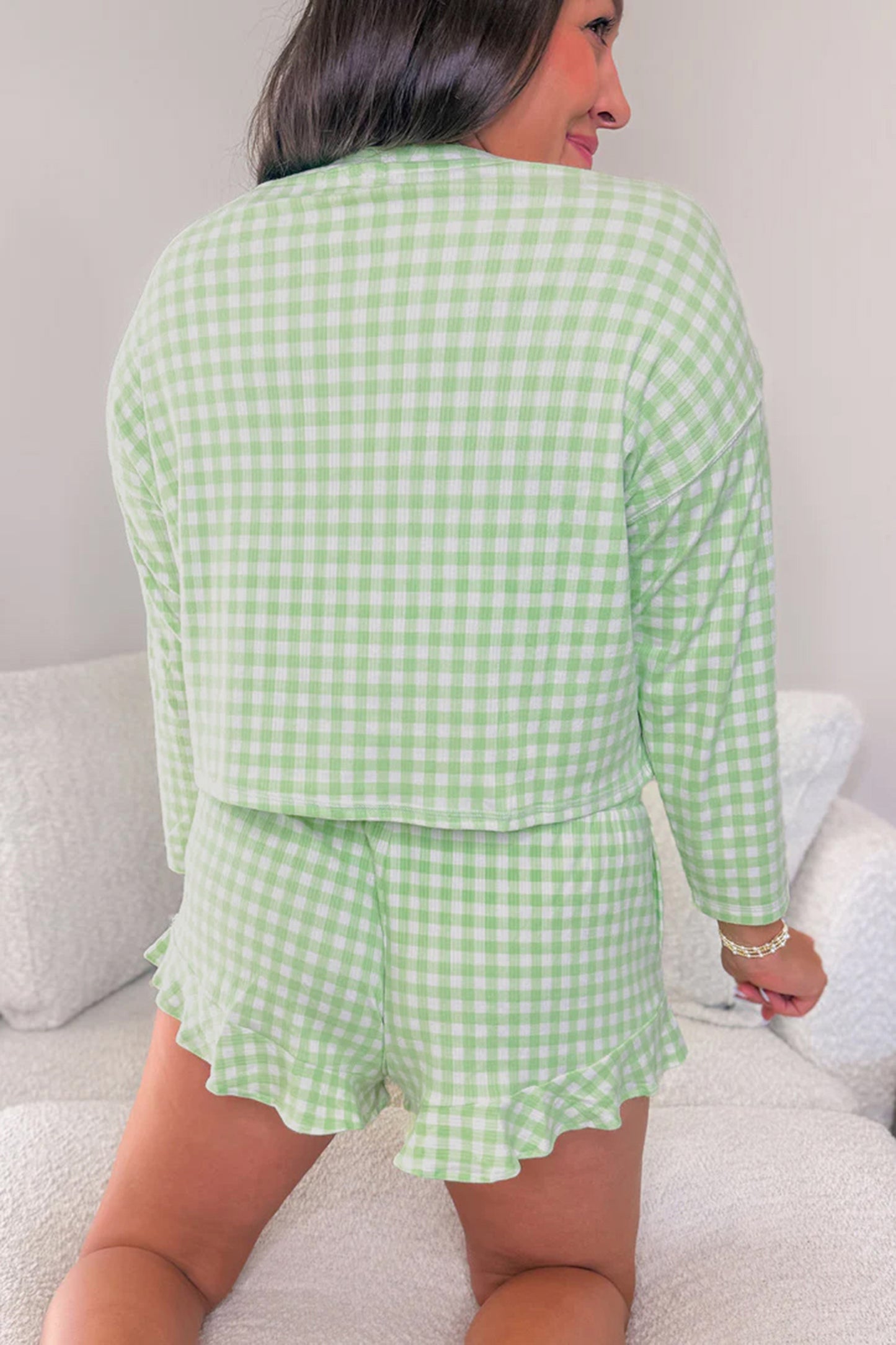 Green Gingham Long Sleeve Loose Top Drawstring Shorts 2pcs Lounge Set-Loungewear & Sleepwear/Loungewear-[Adult]-[Female]-2022 Online Blue Zone Planet