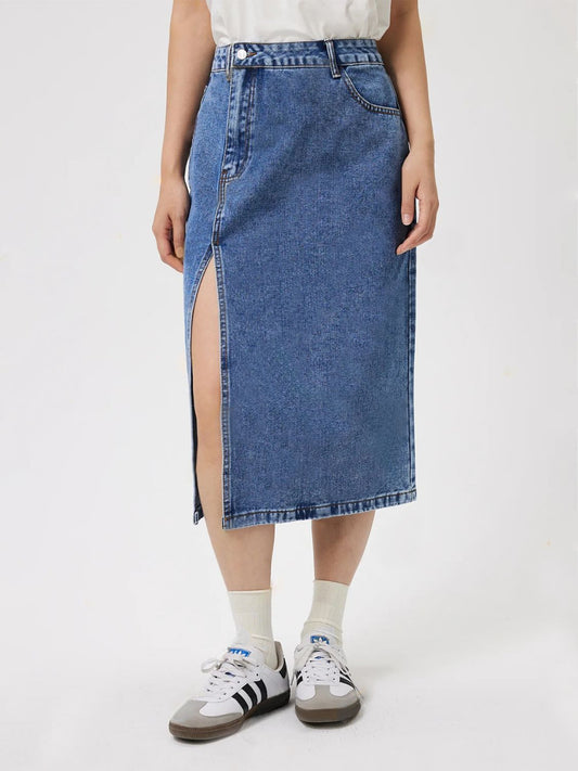 Slit Midi Denim Skirt with Pockets-BOTTOMS SIZES SMALL MEDIUM LARGE-[Adult]-[Female]-Medium-XS-2022 Online Blue Zone Planet