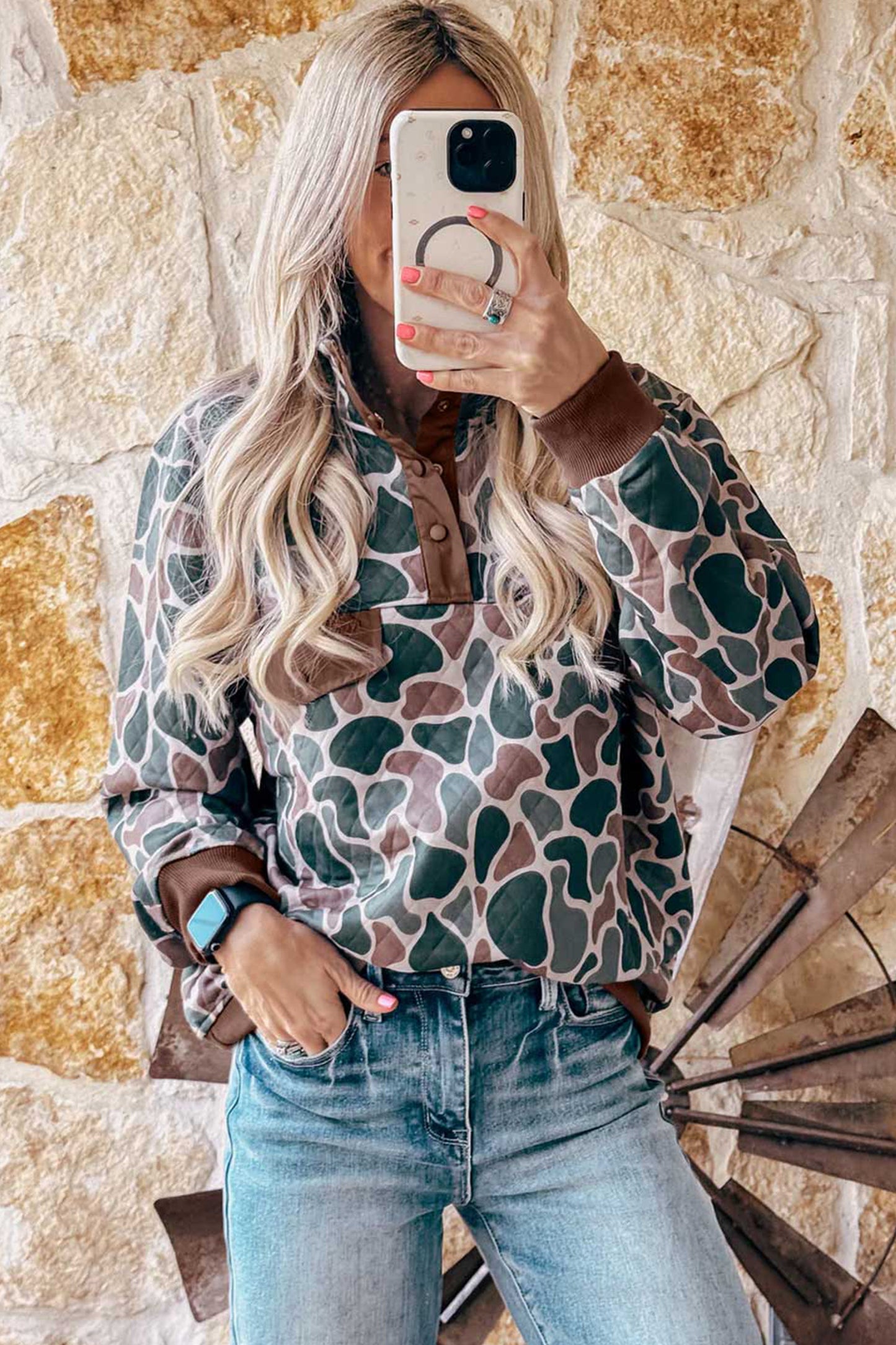 Multicolour Retro Camouflage Pattern Color Block Detail Button Pullover Sweatshirt-Tops/Sweatshirts & Hoodies-[Adult]-[Female]-2022 Online Blue Zone Planet