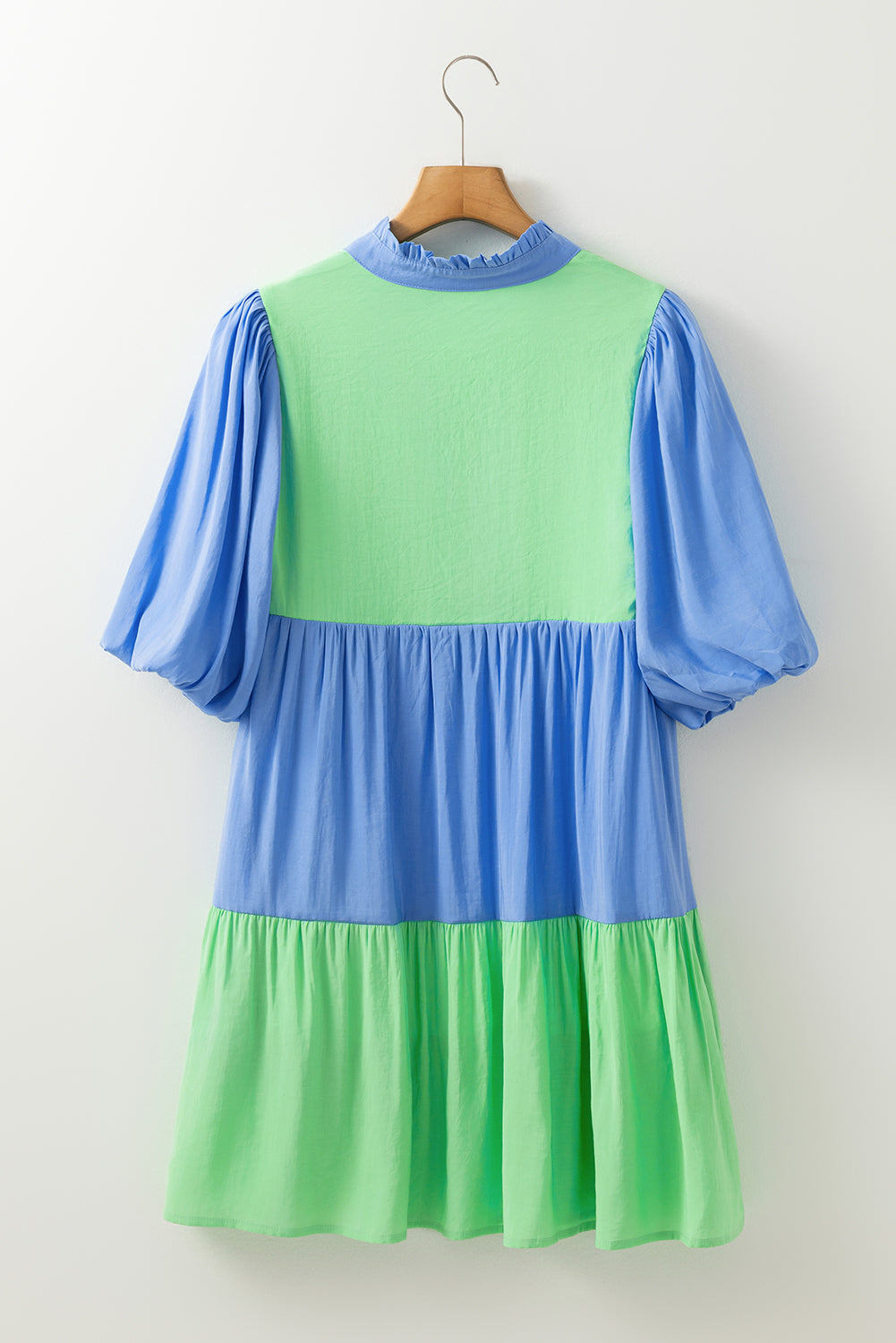 Dark Blue Colorblock Frilled V Neck Puff Half Sleeve Shift Dress-Short Dresses-[Adult]-[Female]-2022 Online Blue Zone Planet