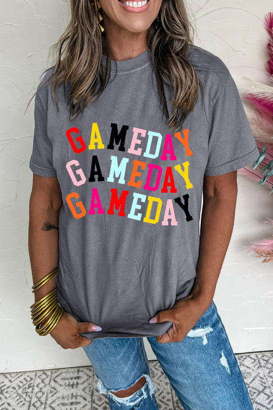 Gray Colorful GAME DAY Graphic Crew T Shirt-Graphic/Graphic Tees-[Adult]-[Female]-Gray-S-2022 Online Blue Zone Planet