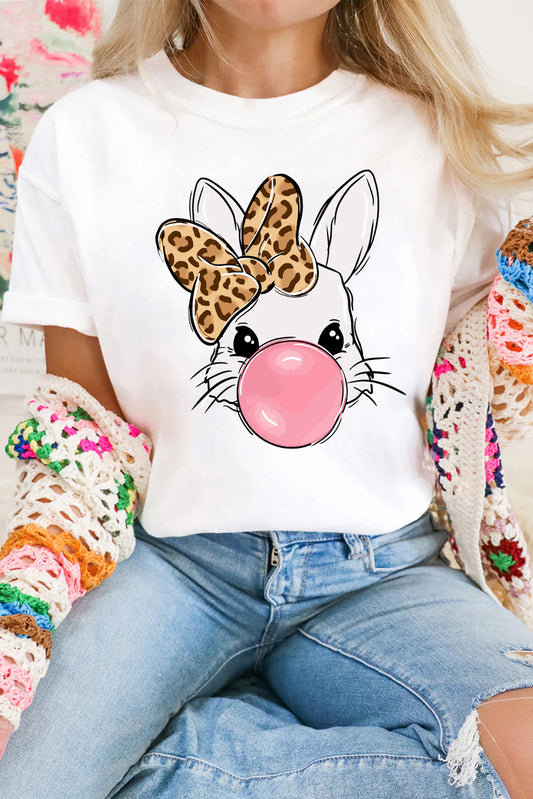 White Leopard Bow Bubble Rabbit Graphic Tee-Graphic/Graphic Tees-[Adult]-[Female]-White-S-2022 Online Blue Zone Planet