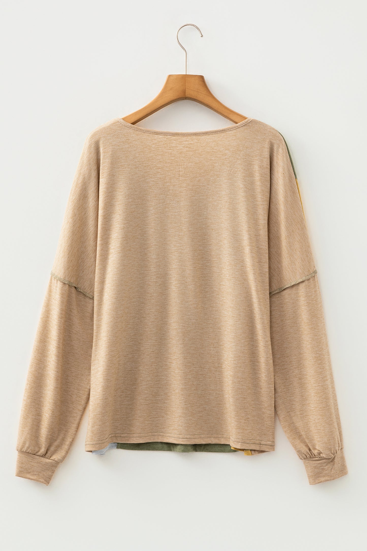 Jungle Green Exposed Stitching Colorblock V Neck Long Sleeve Top-Tops/Long Sleeve Tops-[Adult]-[Female]-2022 Online Blue Zone Planet