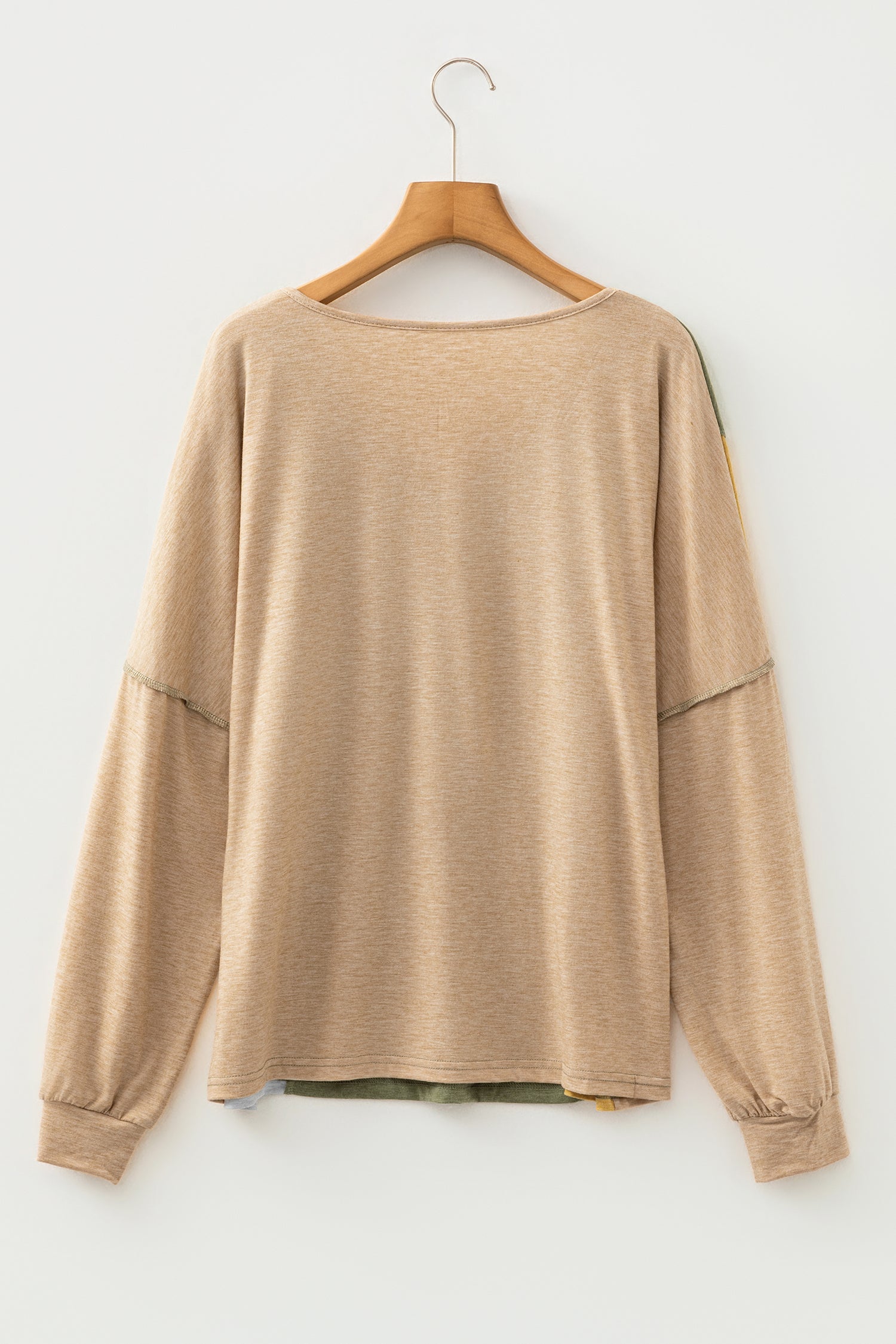 Jungle Green Exposed Stitching Colorblock V Neck Long Sleeve Top-Tops/Long Sleeve Tops-[Adult]-[Female]-2022 Online Blue Zone Planet