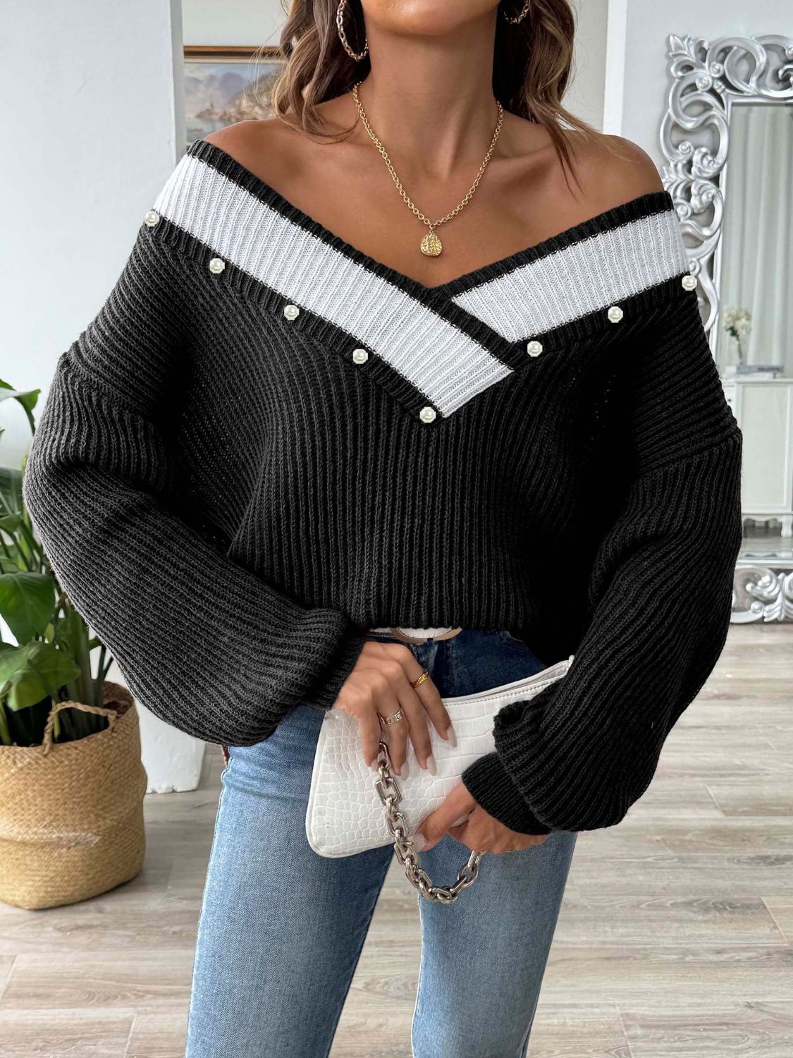 Contrast Trim Dropped Shoulder Long Sleeve Sweater-TOPS / DRESSES-[Adult]-[Female]-2022 Online Blue Zone Planet