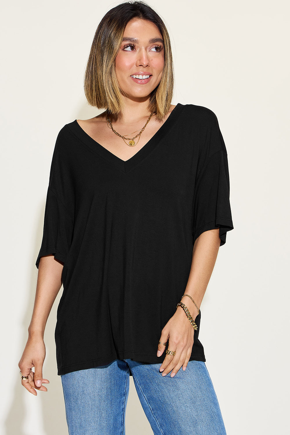 Basic Bae Full Size Bamboo V-Neck Drop Shoulder T-Shirt-TOPS / DRESSES-[Adult]-[Female]-Black-S-2022 Online Blue Zone Planet