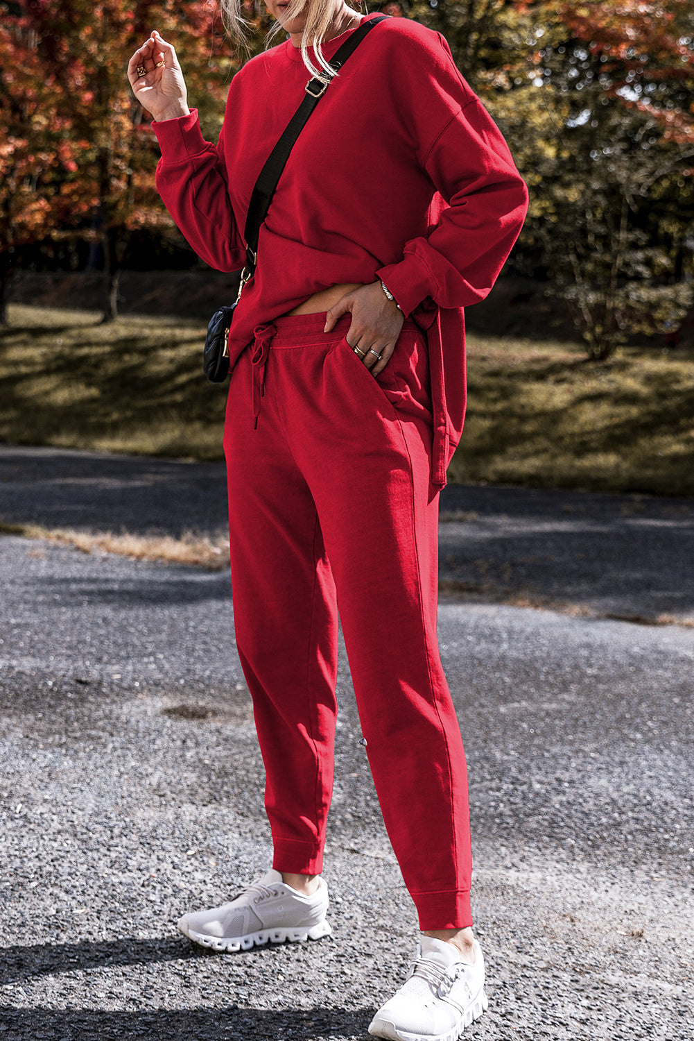 Racing Red Solid Color High Low Pullover and Pants Set-Two Piece Pants Sets-[Adult]-[Female]-2022 Online Blue Zone Planet