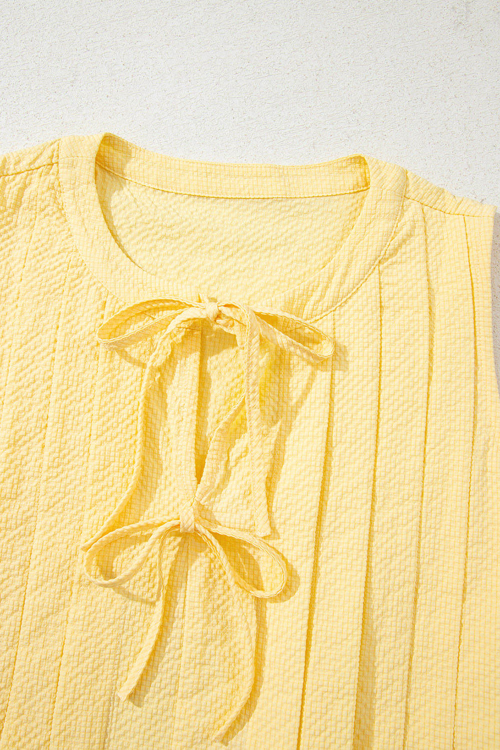 Yellow Cream Bow Tie Notched Neck Pleated Tank Top-Tops/Tank Tops-[Adult]-[Female]-2022 Online Blue Zone Planet