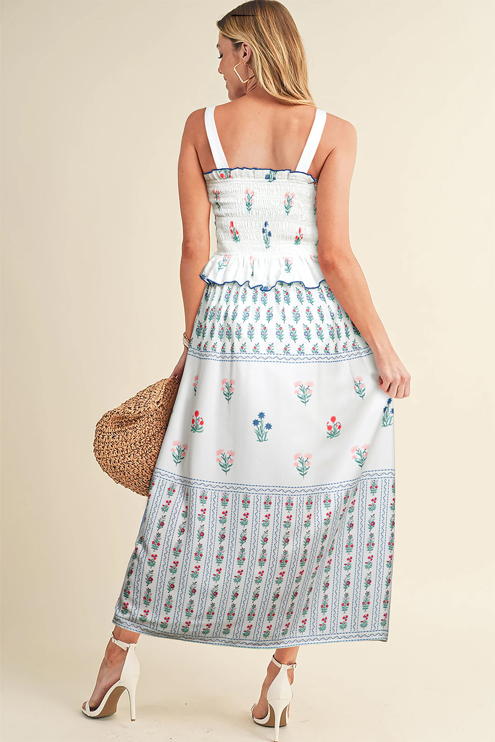 White Floral Print Frill Smocked Bodice Boho Dress-Maxi Dresses-[Adult]-[Female]-2022 Online Blue Zone Planet