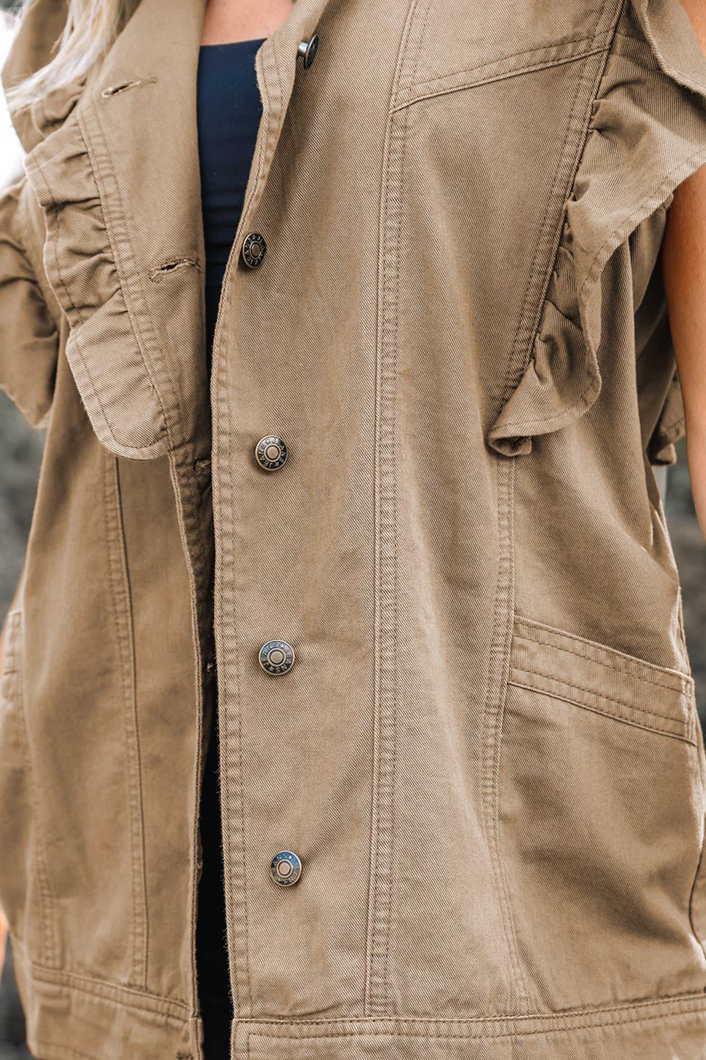 Pale Khaki Ruffled Patchwork Denim Jacket Vest-Outerwear/Vests-[Adult]-[Female]-2022 Online Blue Zone Planet