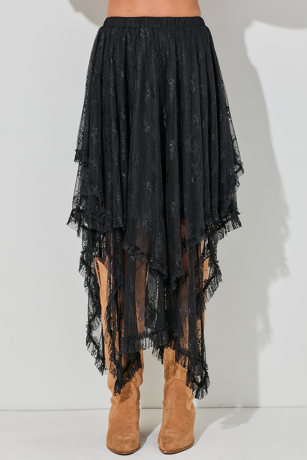 Black Lace Cascading Tiered High Waist Maxi Skirt-Bottoms/Skirts & Petticoat-[Adult]-[Female]-2022 Online Blue Zone Planet