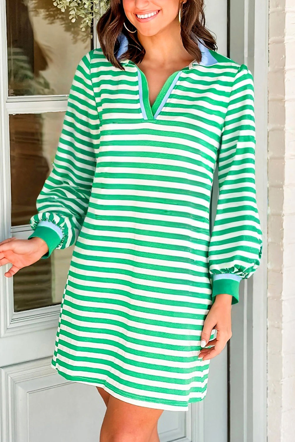 Green Striped Contrast Collar Split Neck Long Sleeve Mini Dress-Dresses/Mini Dresses-[Adult]-[Female]-Green-S-2022 Online Blue Zone Planet